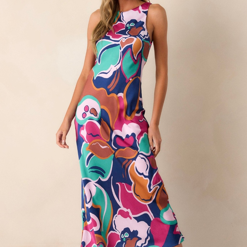 Red Dress MINKPINK Lottie Abstract Floral Bias Midi Dress Size SS / Multi